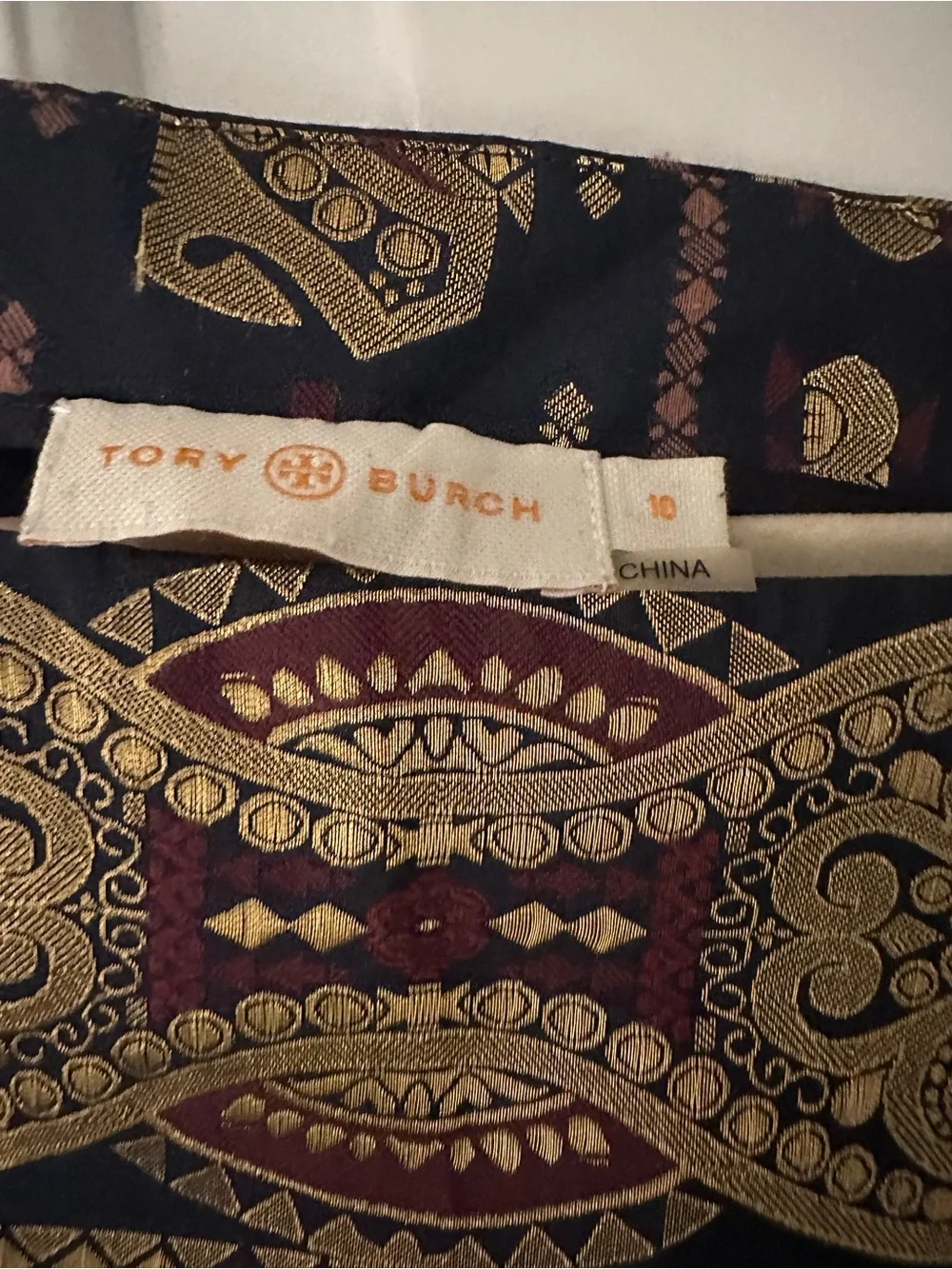 Tory Burch Navy Jacket with Gold & Burgundy Pattern